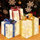 Christmas Decorations Lighted Gift Boxes Set of 3, White Mesh Snowflake Box Decor with LED Lights, Battery Operated Present Boxes Christmas Ornaments for Xmas Party Indoor Outdoor Decor