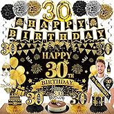 Eucutur 42PCS 30th Birthday Decoration Kit for Men Women, Black Gold Happy 30th Bday Banner Balloons Honeycomb Centerpiece Swirl Paper Pompoms Party Supplies, 30 Bday Sash Table Cake Topper Swirls Set