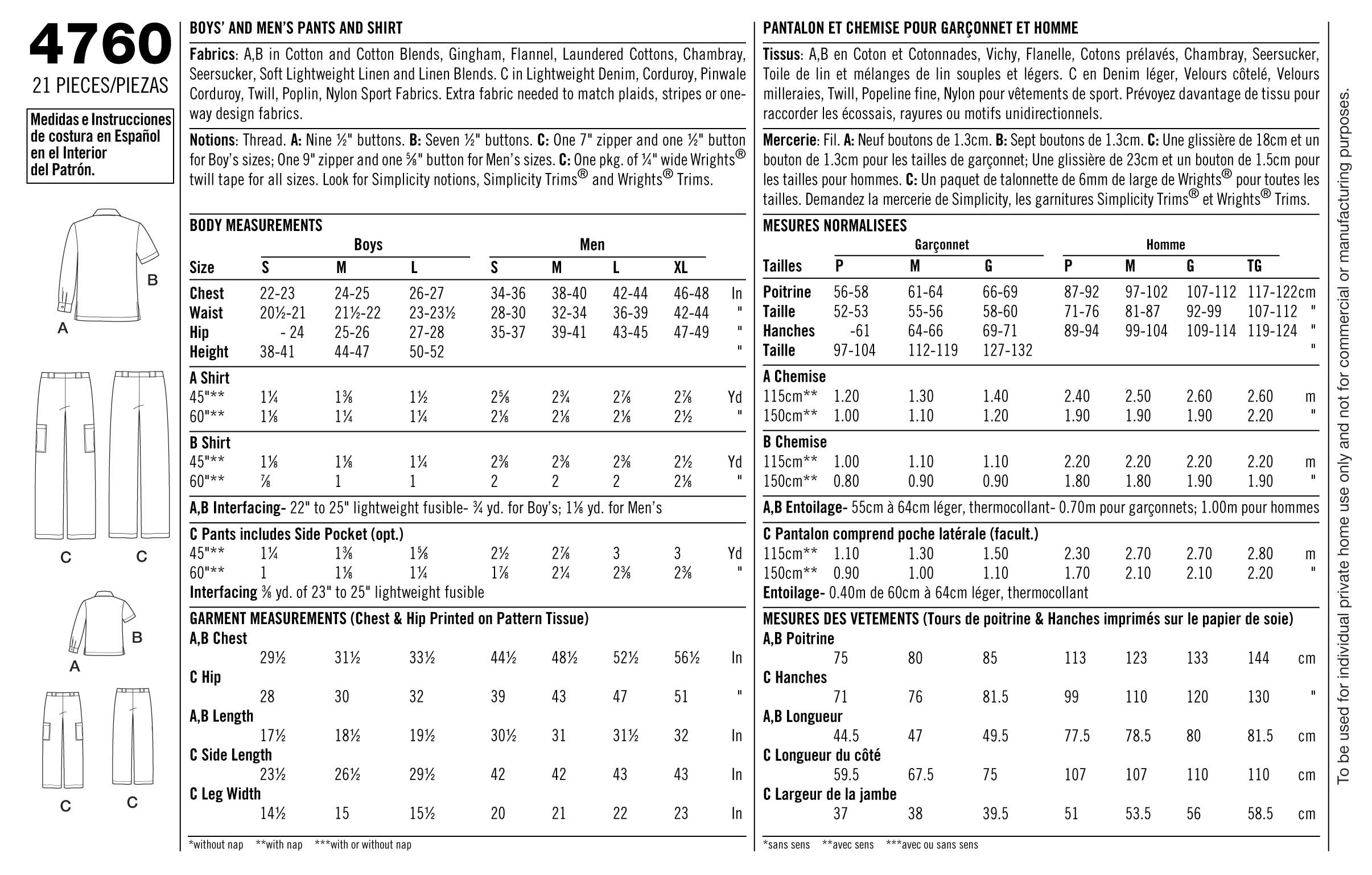 Simplicity 4760 Shirt and Pants Sewing Pattern for Men and Boys A (S-M-L/S-M-L-XL)