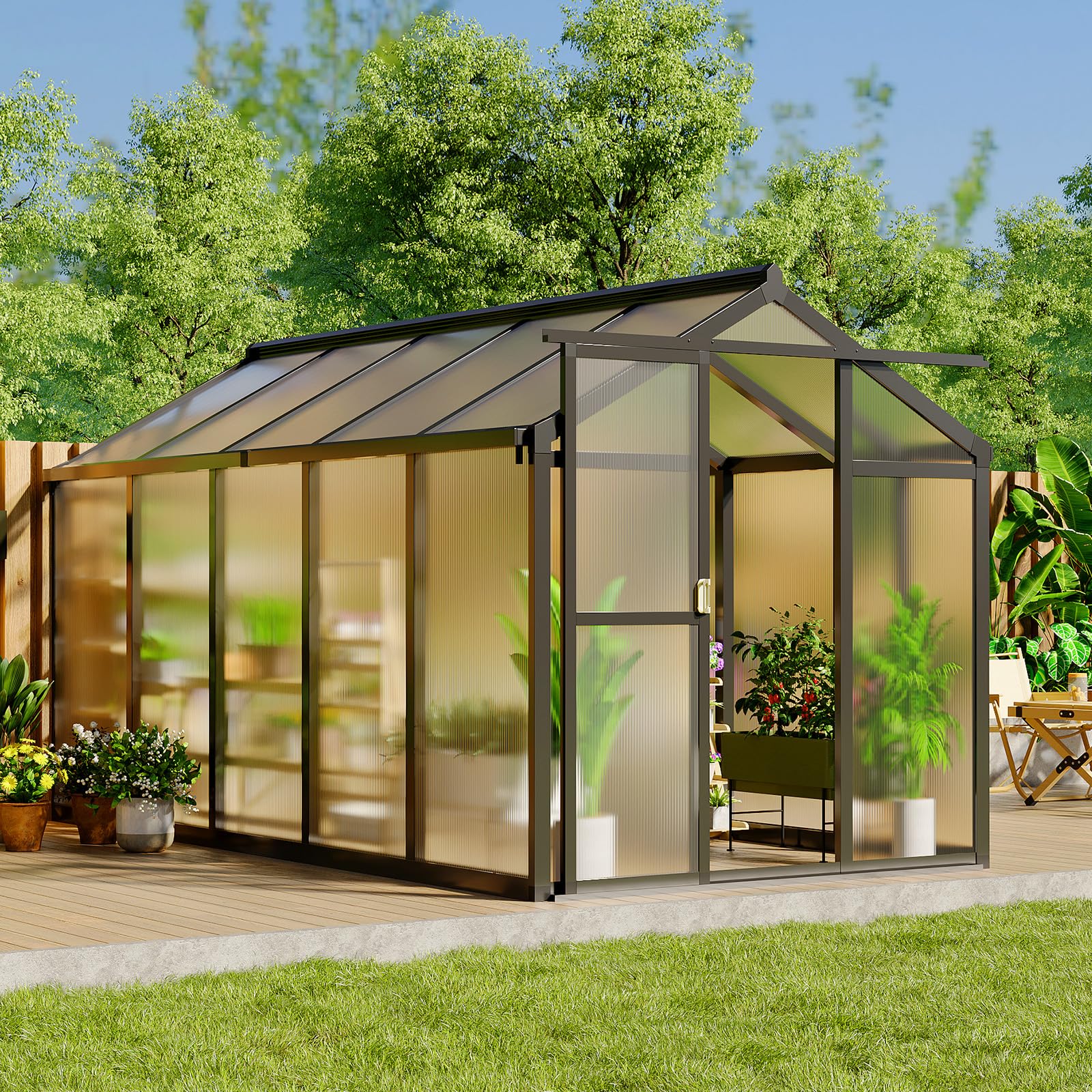 Photo 1 of "Partial Set Only One" 6x10 FT Greenhouse for Outdoors, Polycarbonate Greenhouse with Roof Vent, Ground Nails, Lockable Push Door, Aluminum Large Walk-in Green House for Outside Garden Backyard, Patio, Lawn, Black