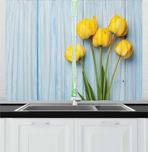 Amazon Com Ambesonne Tulip Kitchen Curtains Yellow Flowers On