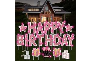 ComboJoy Happy Birthday Yard Sign with Stakes - 18 Pcs Happy Birthday Yard Sign, 3 Pcs LED Lights, Personalized Age Happy Birthday Sign, 16 Inches Waterproof Birthday Yard Lawn Party Decoration (Pink)