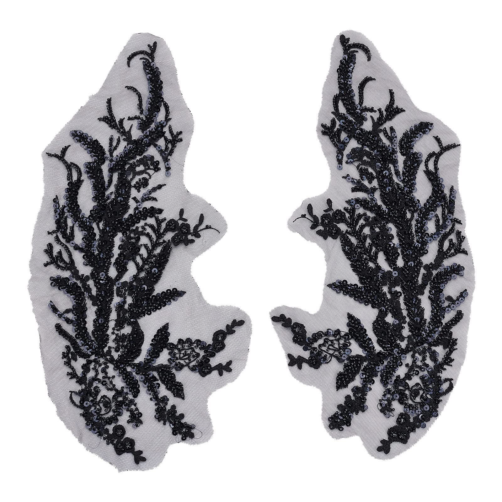 GORGECRAFT 1 Pair Beaded Black Embroidery Lace Flower Patches Vintage Polyester Sew on Appliques for Wedding Dress Costume Diy Decorative Crafts Handmade Embellishments Party Decoration Supplies