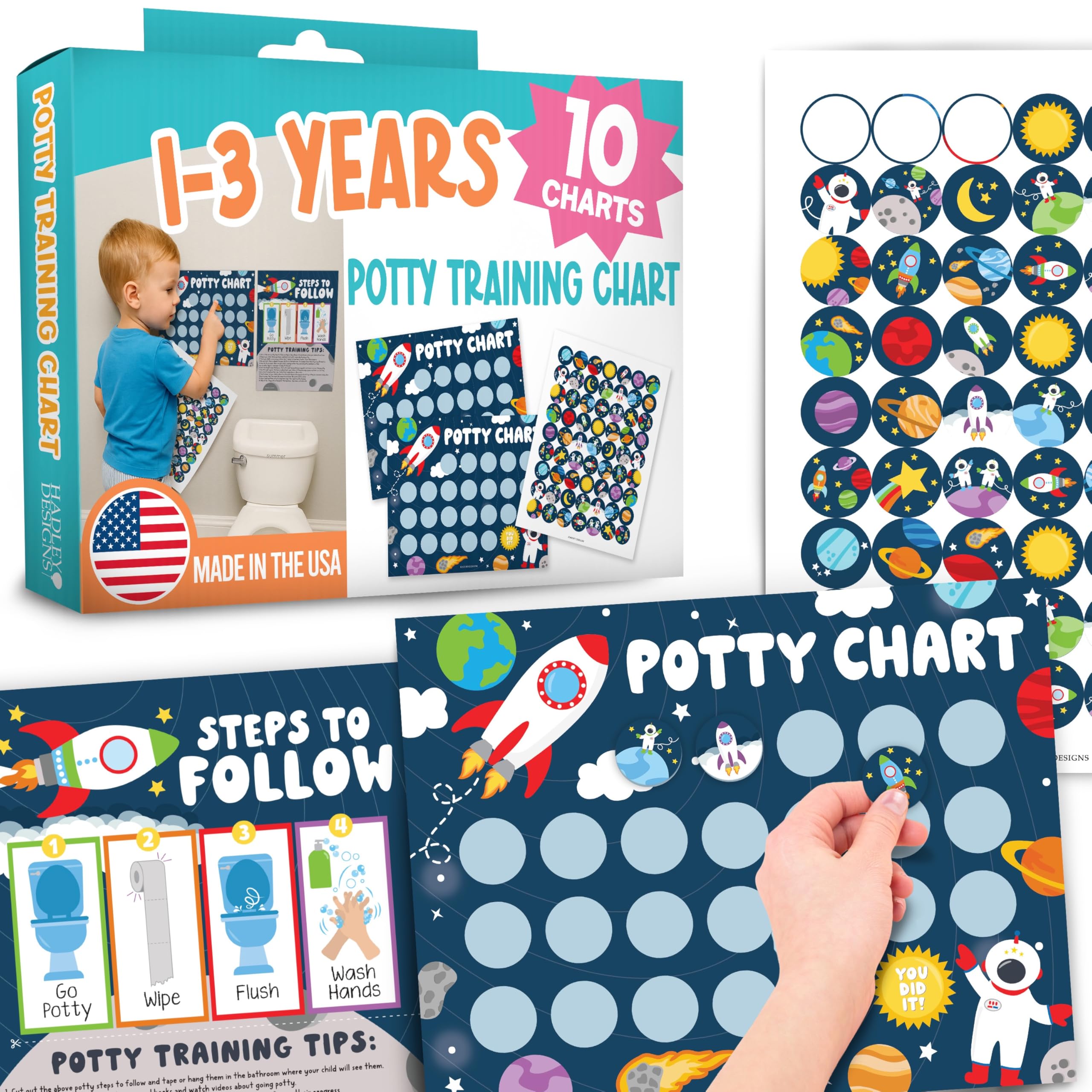 Hadley Designs Potty Training Chart for Boys with Fun Reward Stickers – 10 Potty Chart for Toddlers Boys, 8.5x11