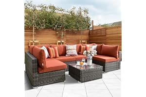 HOOOWOOO Patio Outdoor Sectional Furniture Sofa Set,7 Piece U Shaped Corner Wicker Rattan Couch Set,Rustic 6 Persons Summer Patio Conversation Set for Outside Porch Deck Garden(Orange Red)