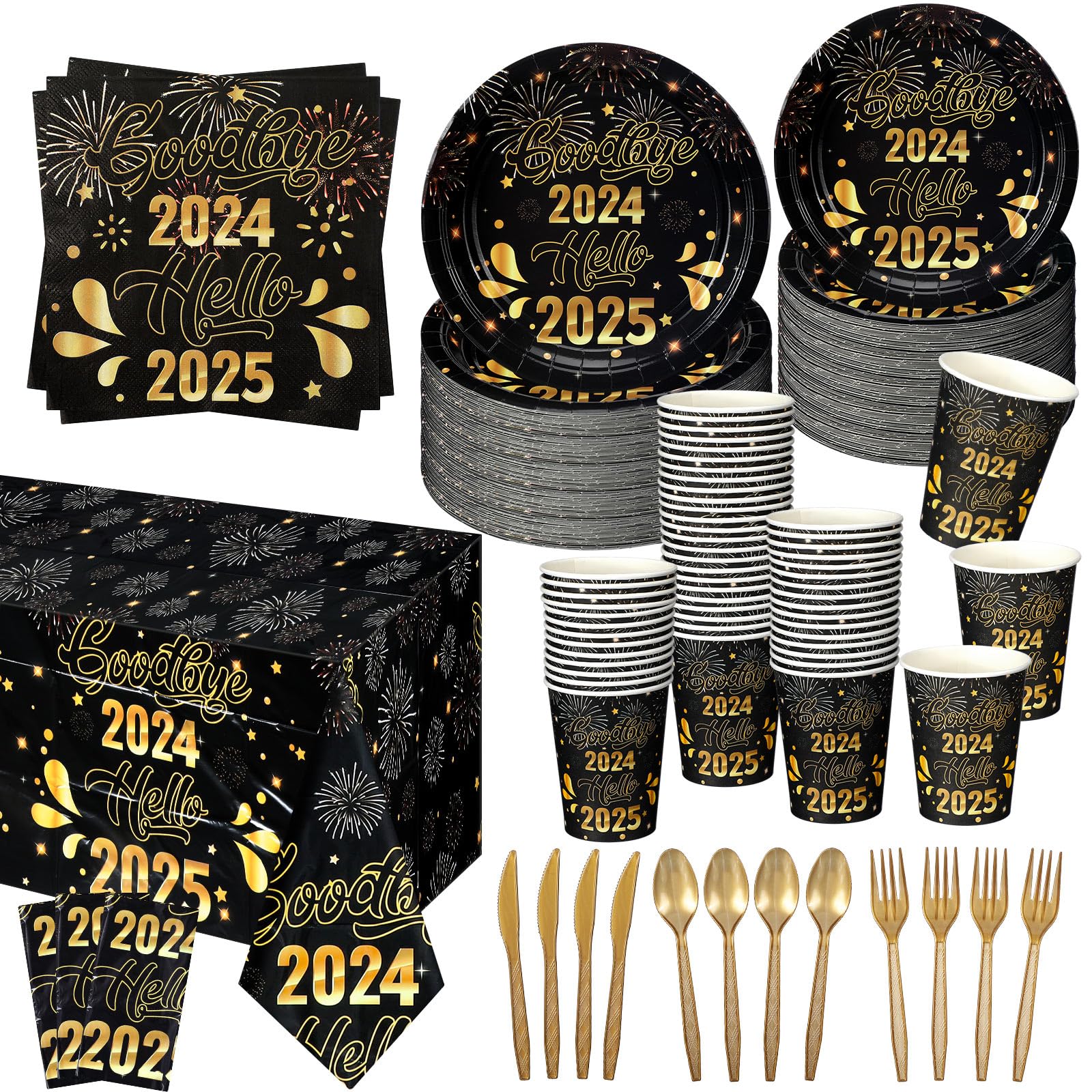 Photo 1 of 170 Pcs New Years Eve Party Supplies 2025 for 24 Happy New Year Party Favors Decoration Disposable Tableware Tablecloths Plates Napkins Cups Knifes Forks Spoons Straws Goodbye 2025 Hello 2025