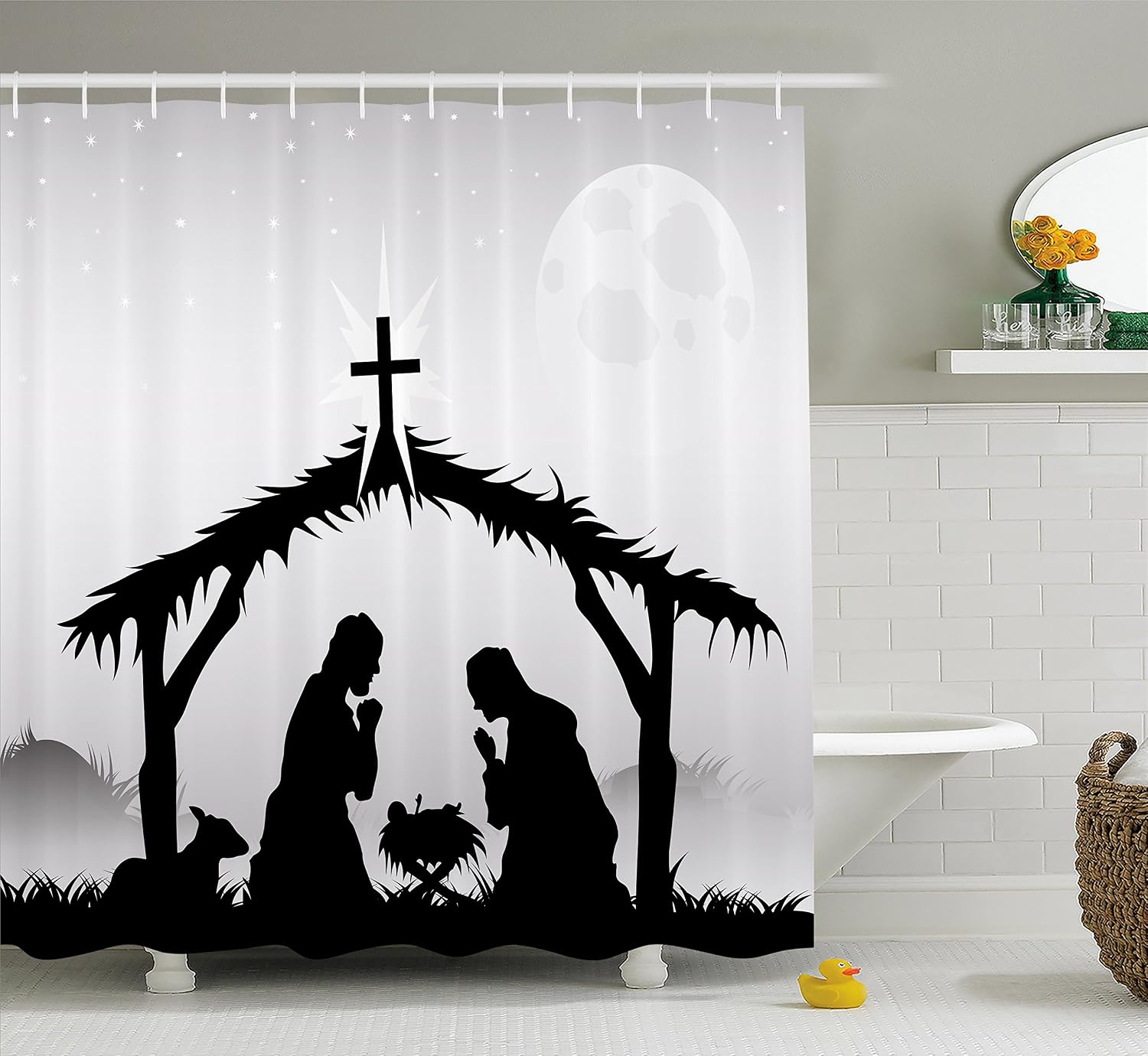 Black and White Shower Curtain by Ambesonne, Nativity Scene with Black