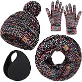Winter Hat Scarf Gloves and Ear Warmer, Warm Knit Beanie Hat Touch Screen Gloves Set Winter Gifts Neck Scarves for Women