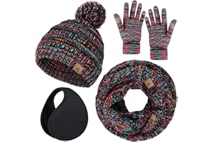 LOROME Winter Hat Scarf Gloves and Ear Warmer, Warm Knit Beanie Hat Touch Screen Gloves Set Winter Gifts Neck Scarves for Women