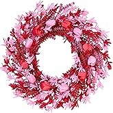 zjlmit Valentines Day Decorations 22 Inch Valentine's Day Wreath Pink Flower Wreaths for Front Door with Red Tulip Pink Forsythia Flowers for Valentine Wedding Anniversary and Holiday Decorations