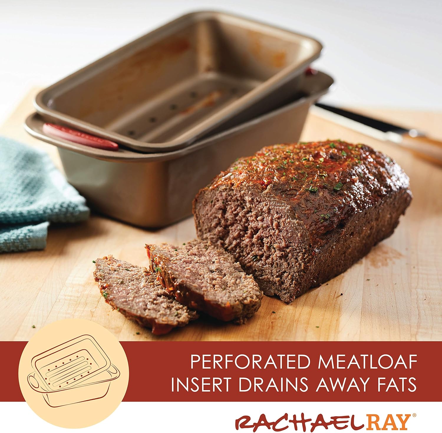 Rachael Ray 52410 Cucina Nonstick Bakeware Set with Baking Pans, Baking Sheets, Cookie Sheets, Cake Pan, Muffin Pan and Bread Pan - 10 Piece, Latte Brown with Cranberry Red Grip: Kitchen & Dining