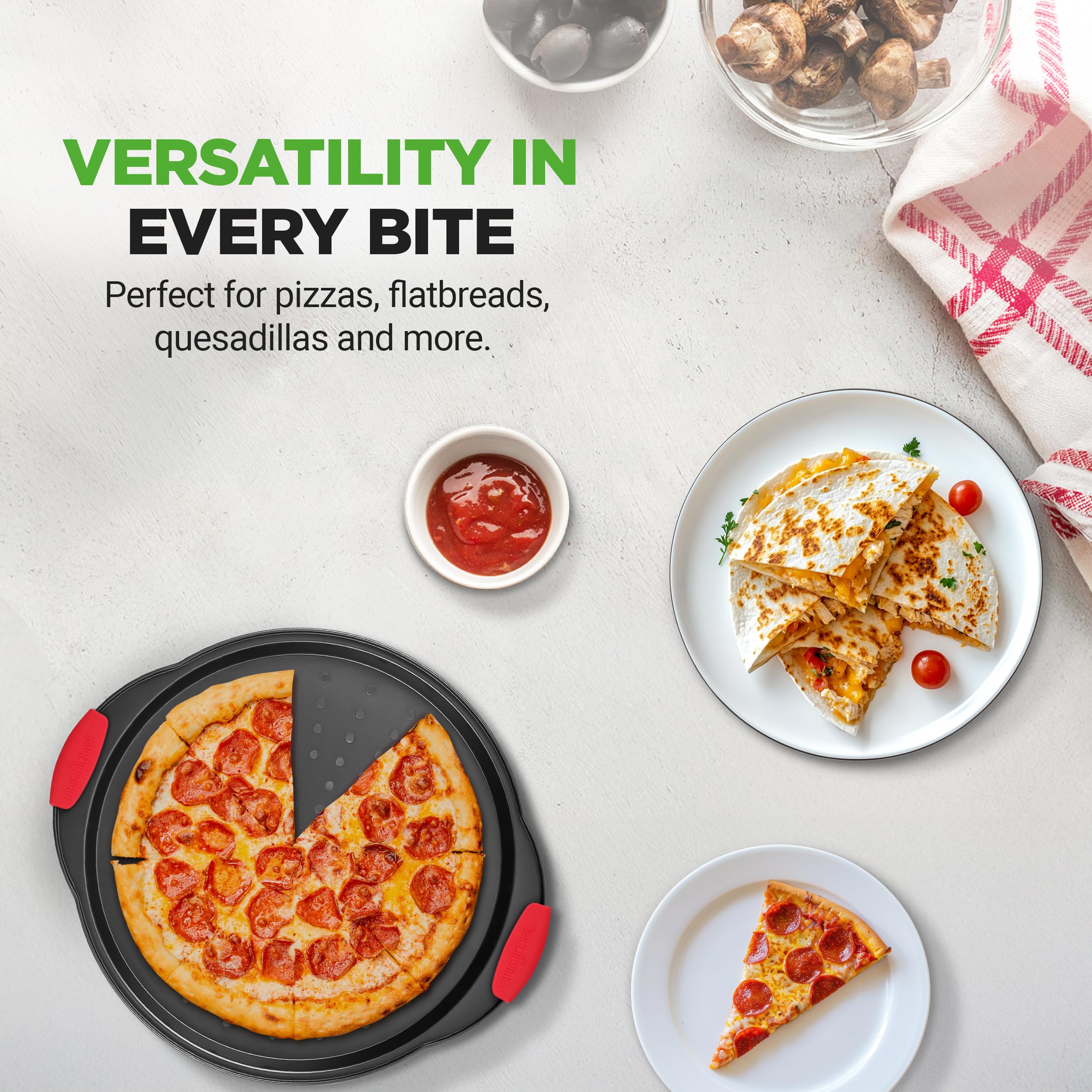 NutriChef 13-Inch Nonstick Pizza Tray - Round Carbon Steel Non-Stick Pizza Baking Pan with Perforated Holes, Premium Bakeware Pizza Screen with Silicone Grip Handles, Dishwasher Safe - NCBPIZ1