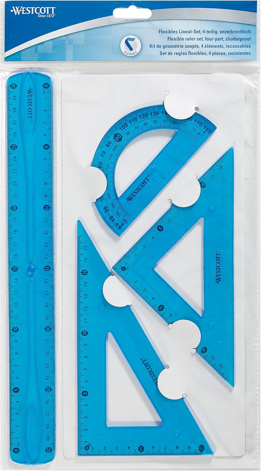 Westcott Flexible Ruler Set of 4 - 30 cm, 60 ° set square/18 cm, 45 °/13 cm, 180 ° protractor/12 cm - Plastic - Assorted Colors - Image 3