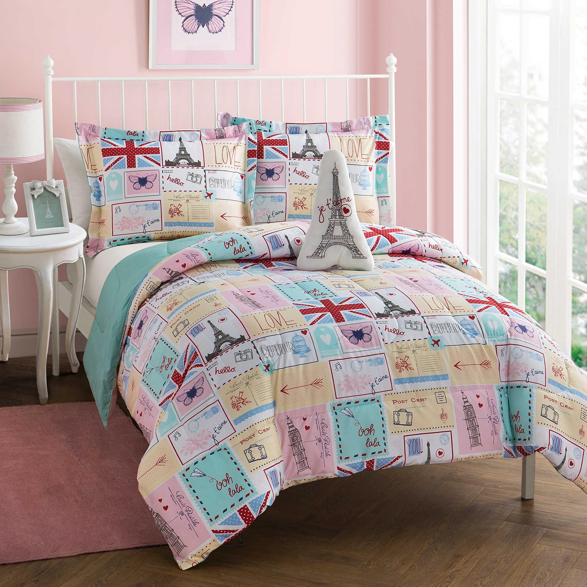 Paris Theme Pink Butterfly 6-Piece Kids Bedding Reversible Aqua Chevron Bed in a Bag TWIN FULL Comforter Set for Girls