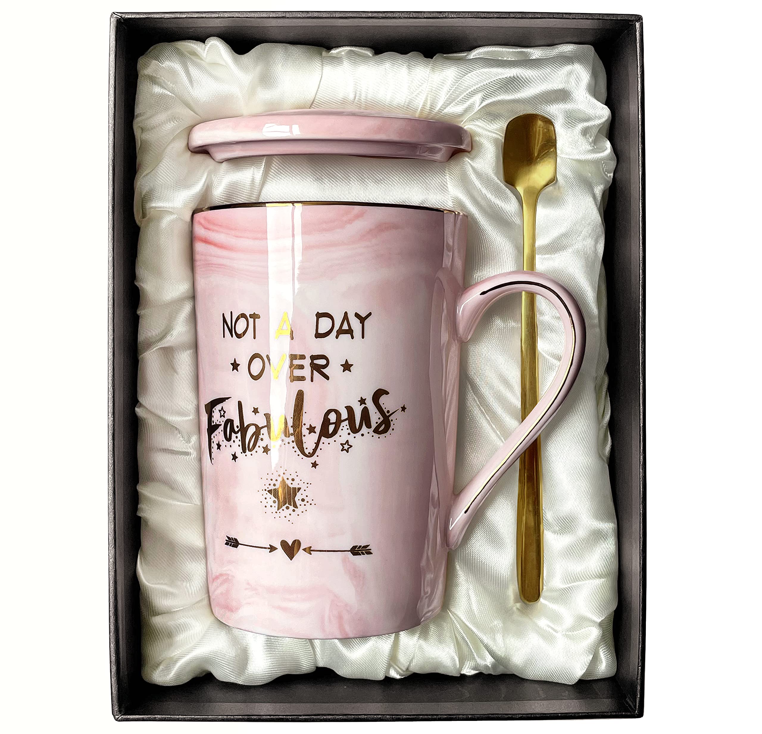 Doublewhale Gifts for Women Birthday Not A Day Over Fabulous Mug Birthday Gifts for Her, Woman, Best Friends, Wife, Mum, Daughter, Sister, 14oz Marble Ceramic Coffee Cug with Spoon Lid Card Gift Box