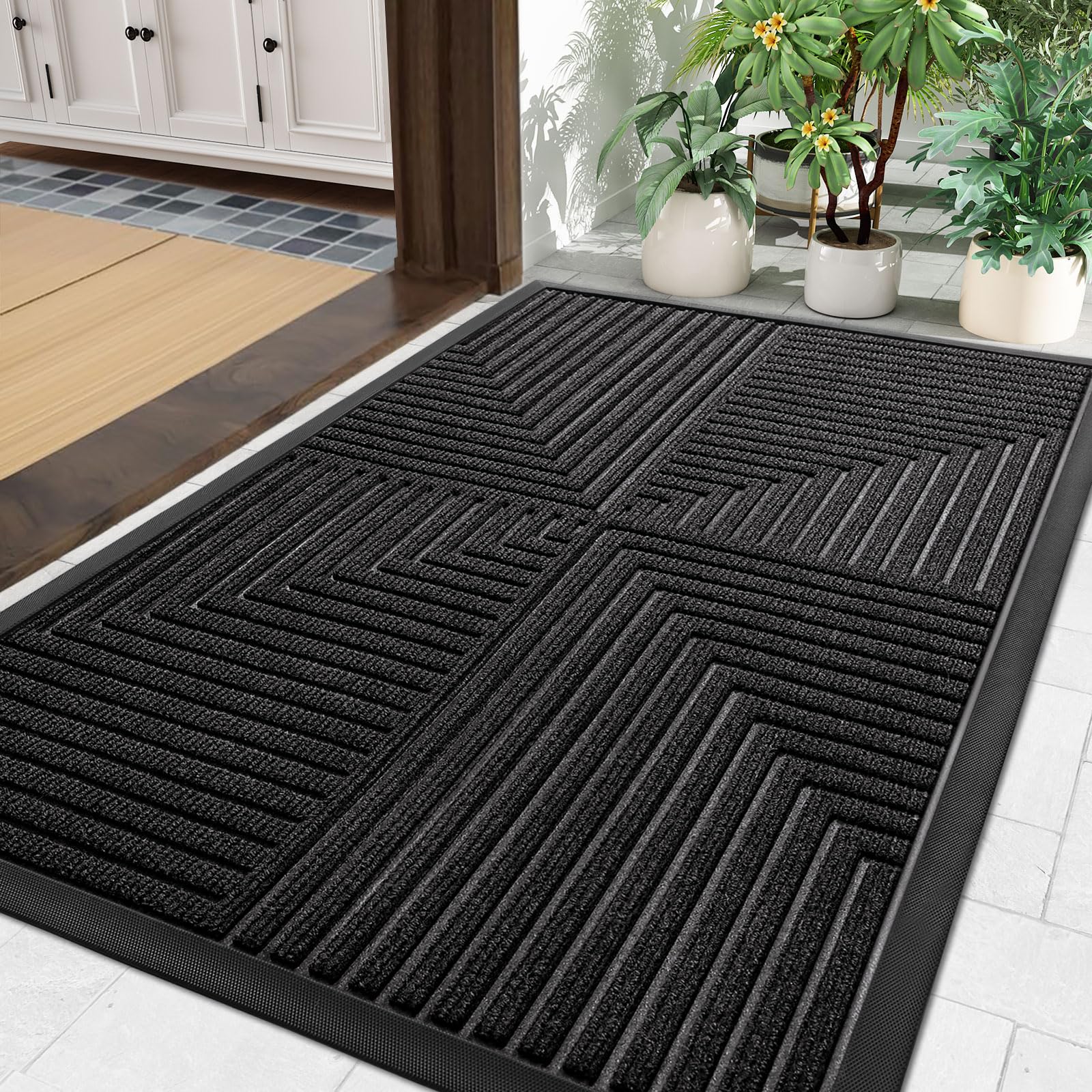 Photo 1 of Arotive Front Door Mat Indoor Outdoor Entrance, Heavy Duty Non-Slip Rubber Doormats, Low Profile, Easy Clean, Dirt Trapper Entryway Floor Mats for Outside, Garages and Patios, 29.5x17, Black