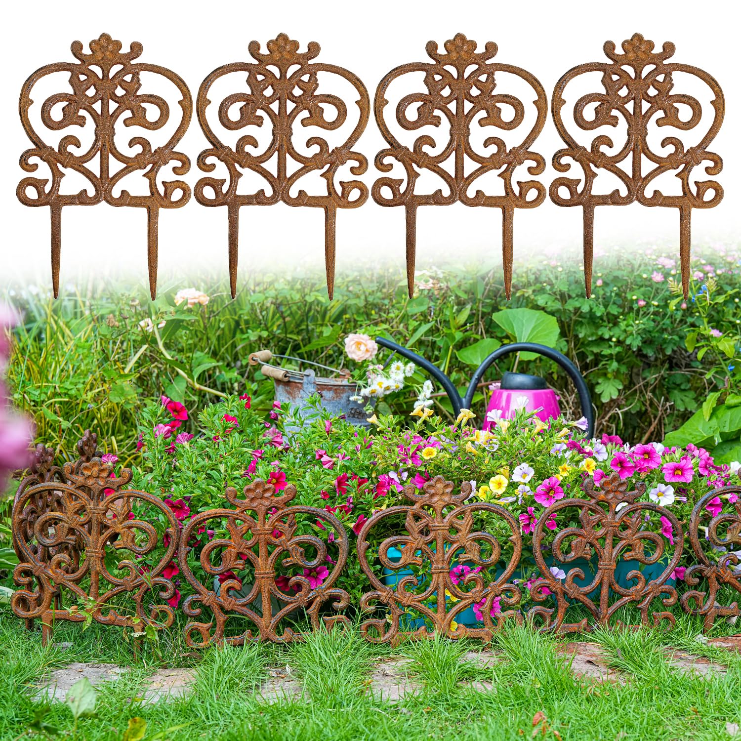 Photo 1 of Sungmor Decorative Cast Iron Garden Edging, 4 Pack Full Rusted Victorian Garden Edging Landscape Border, Vintage Metal Yard Stake Low Picket Fence, 11.8" Tall Outdoor Flower Bed Lawn Fence Panels