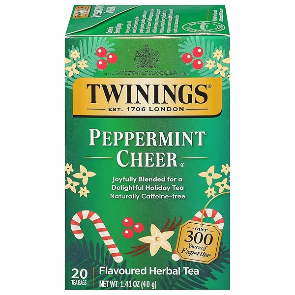 TWININGS PEPPERMINT CHEER HERBAL TEA INDIVIDUALLY WRAPPED BAGS, 20 COUNT (PACK OF 1), PEPPERMINT & VANILLA, NATURALLY CAFFEINE-FREE, ENJOY HOT OR ICED, 20 TEABAGS