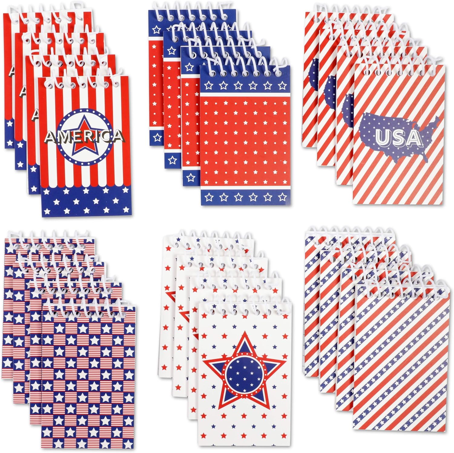 Mini Patriotic Spiral Notepads in 6 Designs (4.4 x 2.75 in, 24-Pack)
