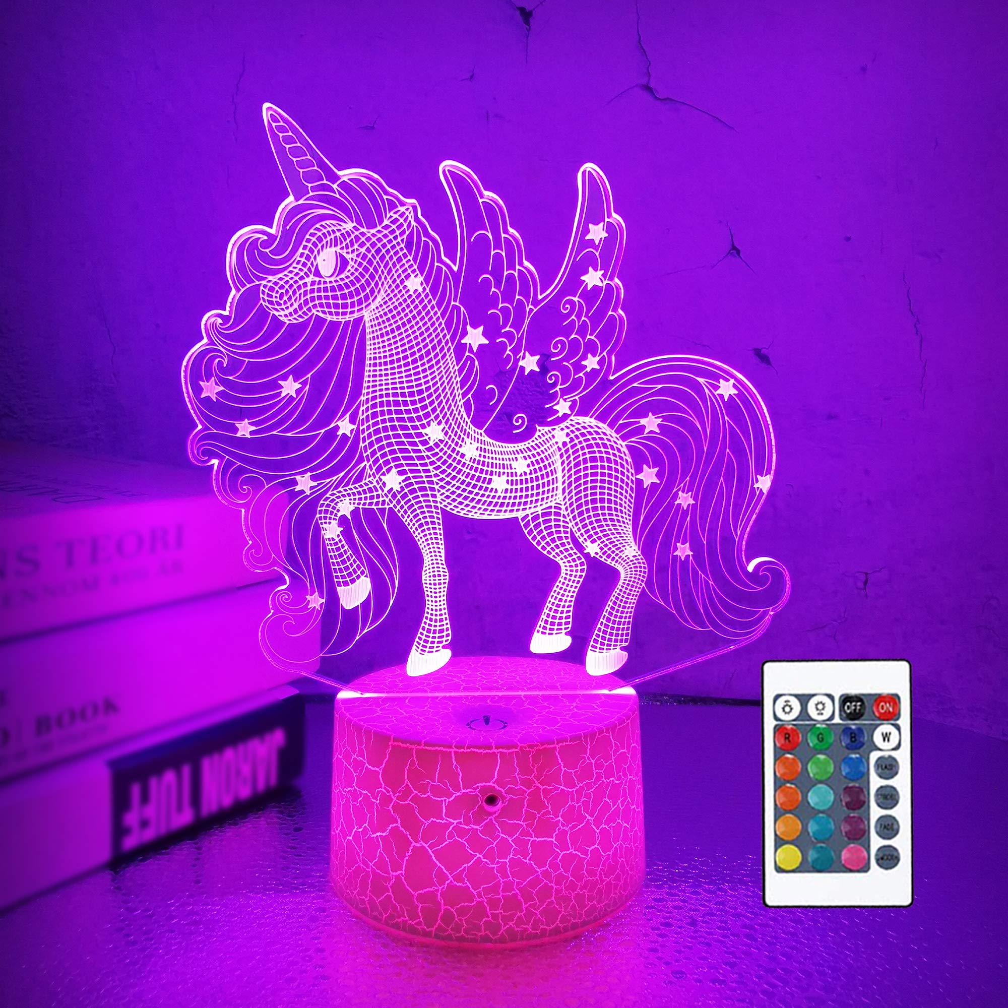 CooPark Unicorn Night Light for Kids, 3D Hologram Optical Illusion Bedside Lamp 16 Colors Changing Remote Control, Cute Glow Bedroom Decor Personalized Birthday Gift for Girl Kids Toddler