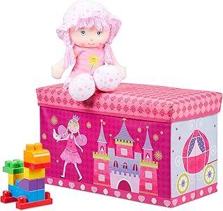 Relaxdays Sitzbox Kinder, Faltbare Aufbewahrungsbox mit Stauraum, Deckel, Prinzessin & Fee, 50 Liter, platzsparend, pink, H x B x T: ca. 36 x 60,5 x 30,5 cm