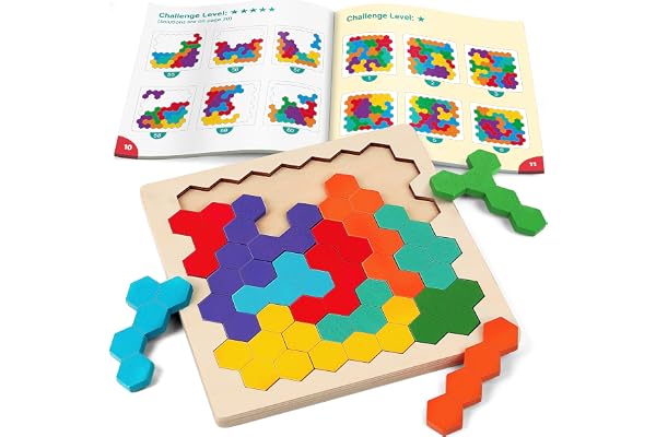 Coogam Wooden Tangram Puzzle, Color Shape Pattern Jigsaw Brain Teasers 3D Logic IQ Game Geometric Blocks Montessori STEM Educ