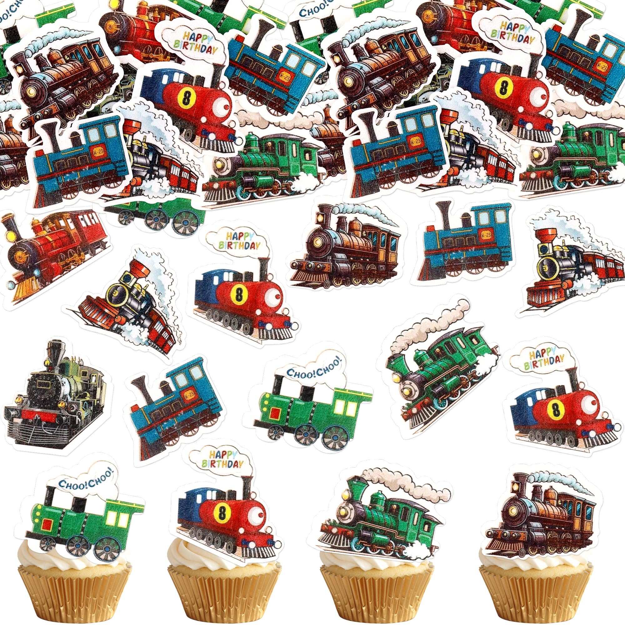 Photo 1 of Ercadio 40 PCS Edible Train Cupcake Toppers Decorations Steam Train Cake Drink Topper Train Birthday Party Supplies for Retro Train Party Decorations Train Transportation Decorations