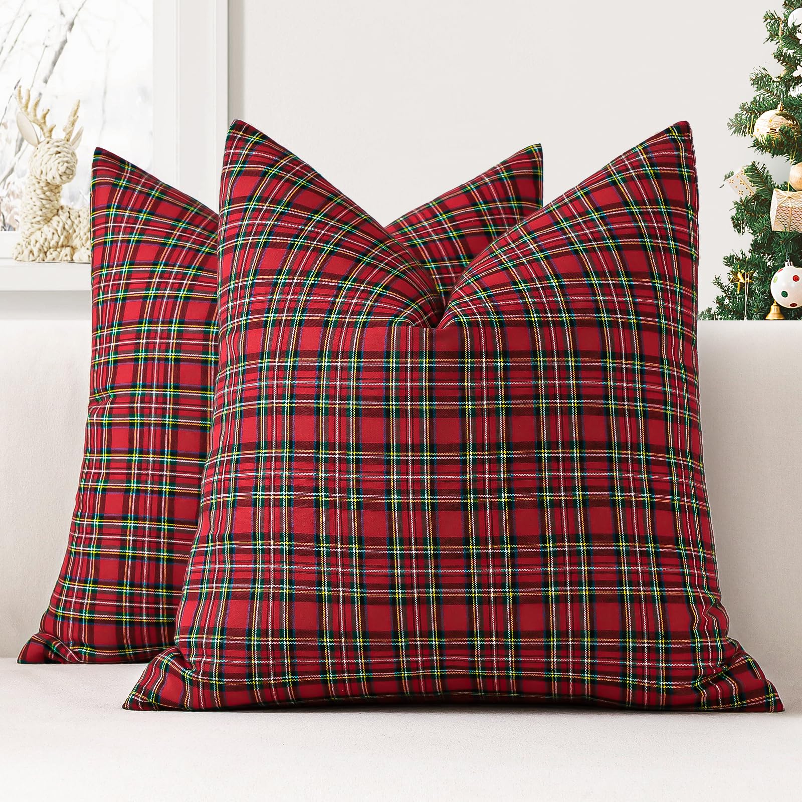 JOTOM Set of 2 Classic Plaids Cushion Covers 45x45 cm Christmas Scottish Tartan Plaid Soft Solid Decorative Throw Pillow Covers Home Decor Outdoor Cushion Case for Sofa Bedroom (Red)
