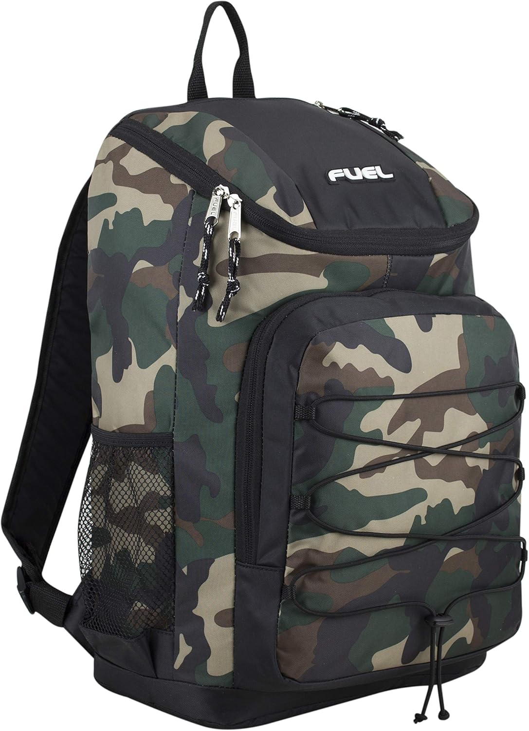Fuel Wide Mouth Sports Backpack with Front Bungee and Inner Tech Pocket, Black/Camo Print