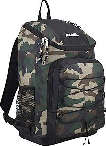 Fuel Wide Mouth Sports Backpack with Front Bungee and Inner Tech Pocket, Black/Camo Print