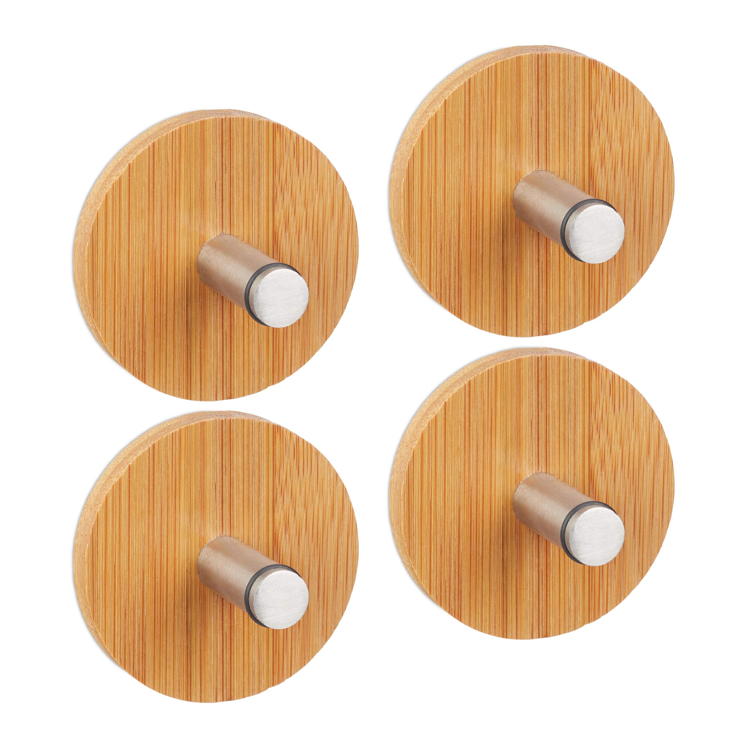 Relaxdays Self Adhesive Towel Hooks; Round Adhesive Hooks Set of 4, for Bathroom & Kitchen, Stainless Steel, Rust-Free, Natural