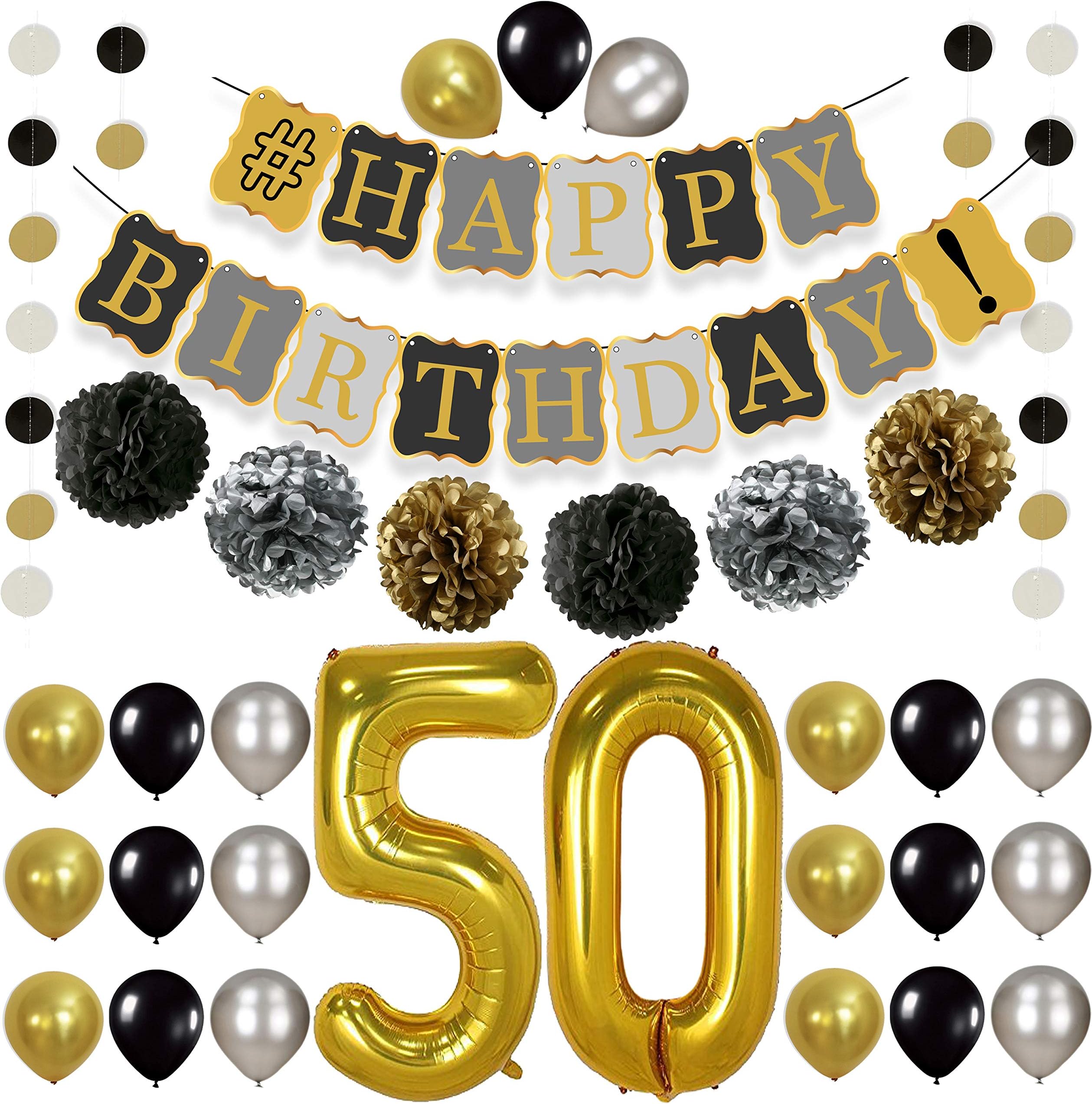 KatchOn 50th Birthday Decorations Kit - Gold Black and Silver Paper PomPoms, Tassel, Balloons, Circle Garland, Happy Birthday Banner Gold and Black, Number 50 for 50th Birthday Party Supplies, Large