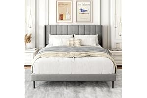 Gruwans Queen Size Bed Frame with Upholstered Wingback Headboard, Easy Assemnly Platform Bed, Wooden Slat Support No Box Spring Needed, Light Gray