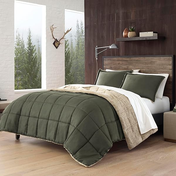 EDDIE BAUER – KING COMFORTER SET, MICROSUEDE BEDDING WITH SOFT SHERPA REVERSE, 3 PIECE BED SET WITH MATCHING PILLOWCASES (SHERWOOD GREEN)