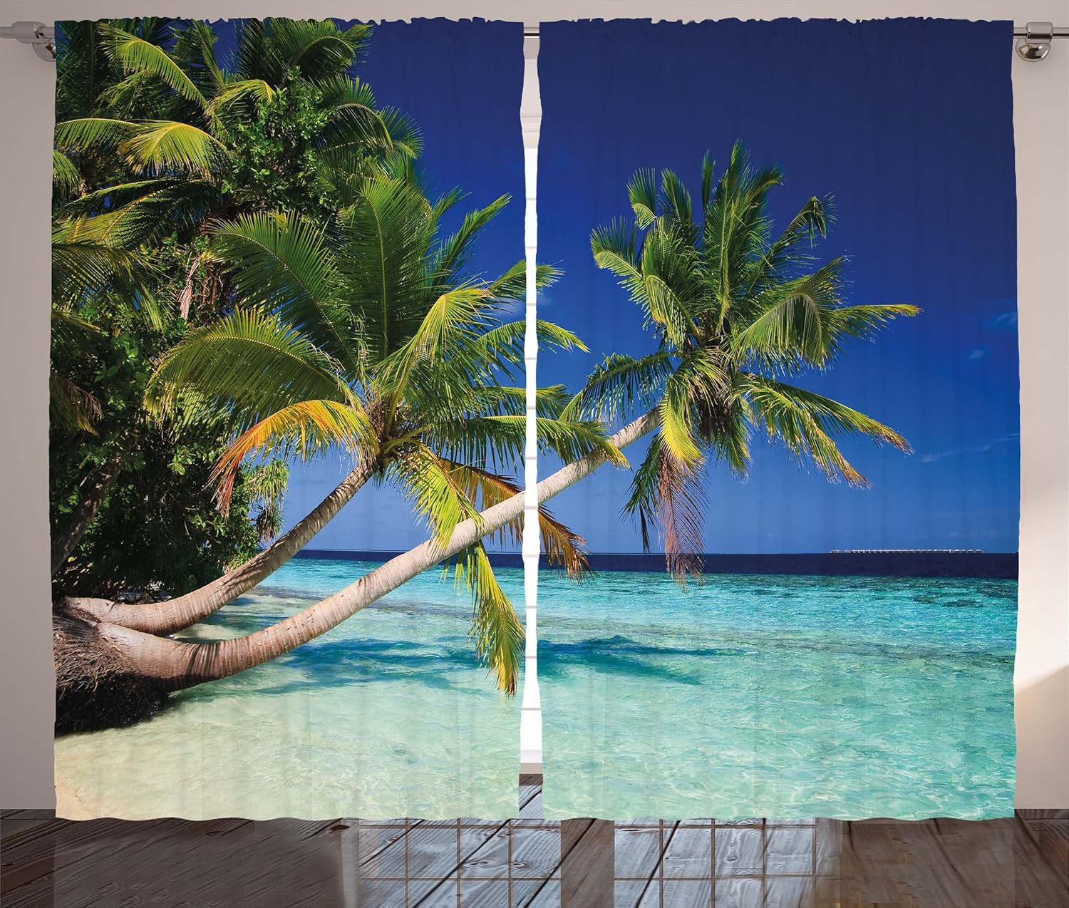 Ambesonne Landscape Curtains, Tropic Botanic Sandy Beach Island with Coconut Palm Trees Seaside Print, Living Room Bedroom Window Drapes 2 Panel Set, 108