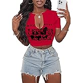 Hilinker Women's Sexy Graphic Crop Tops Short Sleeve V Neck T Shirts Summer Tees
