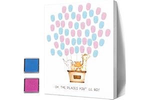 MISAIDOU Gender Reveal Fingerprint Canvas, Gender Reveal Party, Animal Baby Shower Guest Book Party Ideas, Hot Air Balloon Theme, Canvas Decoration, Baby Shower Guest Book with Ink Pad