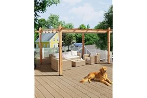 KYBOLT 10x13 Ft Outdoor Pergola with Retractable Canopy Upgraded Aluminum Faux Wood Grain Patio Pergola for Modern Backyard Deck Porch Grape Trellis(Khaki)