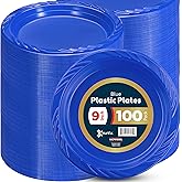Munfix 100 Blue Plastic Plates Set - 9 Inch Disposable Dinner Plates Bulk Pack, for Party, BBQ, Picnic, Parties, Travel and Events, Microwavable Recyclable