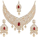 Touchstone Indian jewelry sets for women tikka wedding necklace costume guest statement bollywood rhinestones crystal faux pearls gold big royal neck piece set bridal fashion accessories