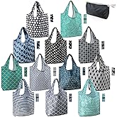 BeeGreen Reusable Grocery Bags Lightweight Durable Shopping Bags Washable Foldable 12 Pack Xlarge Classic Geometric Design Gift Tote Grocery Bags with Elastic Band and Separated Zipper Storage Pouch