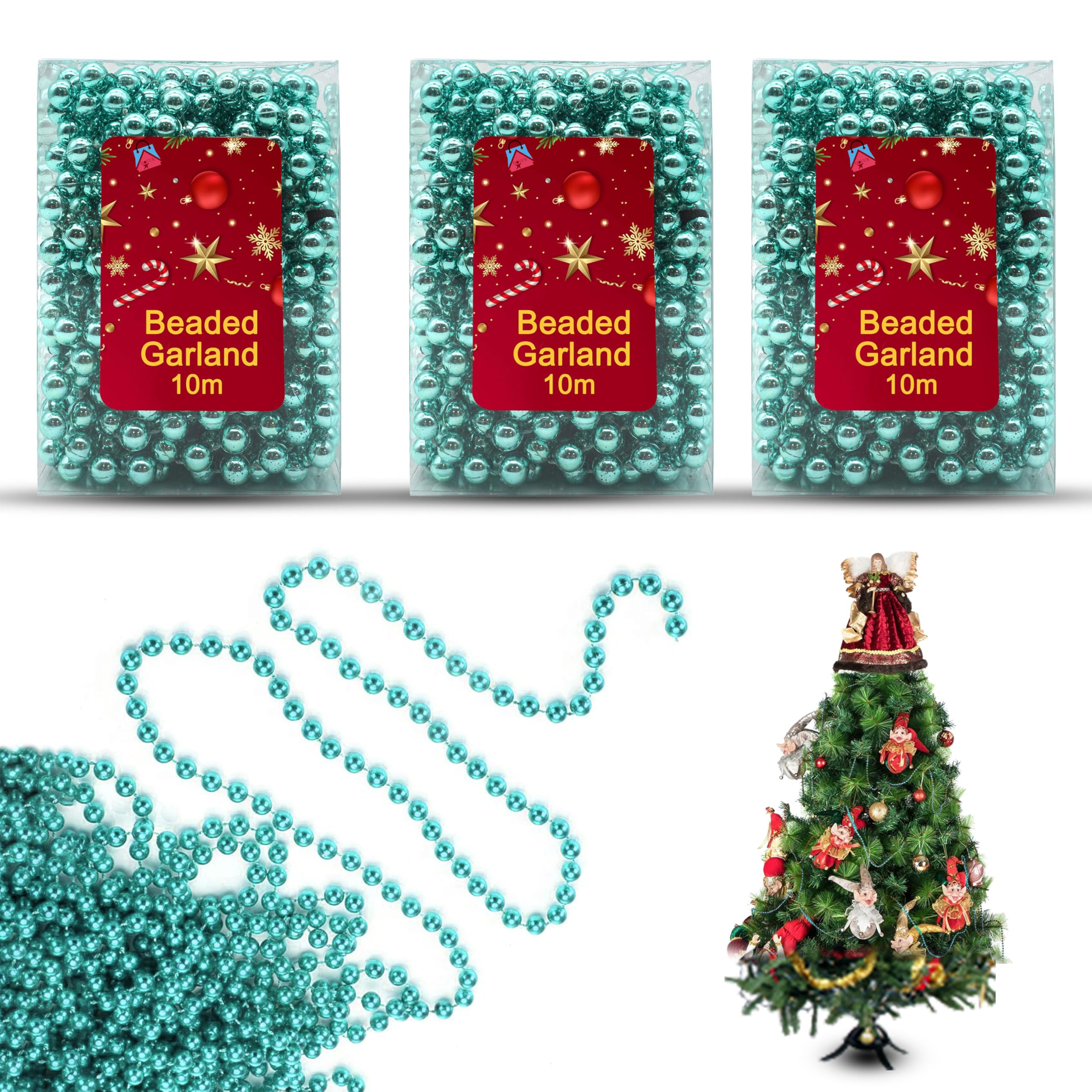 3x Turquoise 10M Bead Garlands, Luxury Plastic Christmas Bead Chains, Shiny Pearl Beads for Xmas Tree, Party Decor, Hanging Ornaments, DIY Crafts & Jewellery