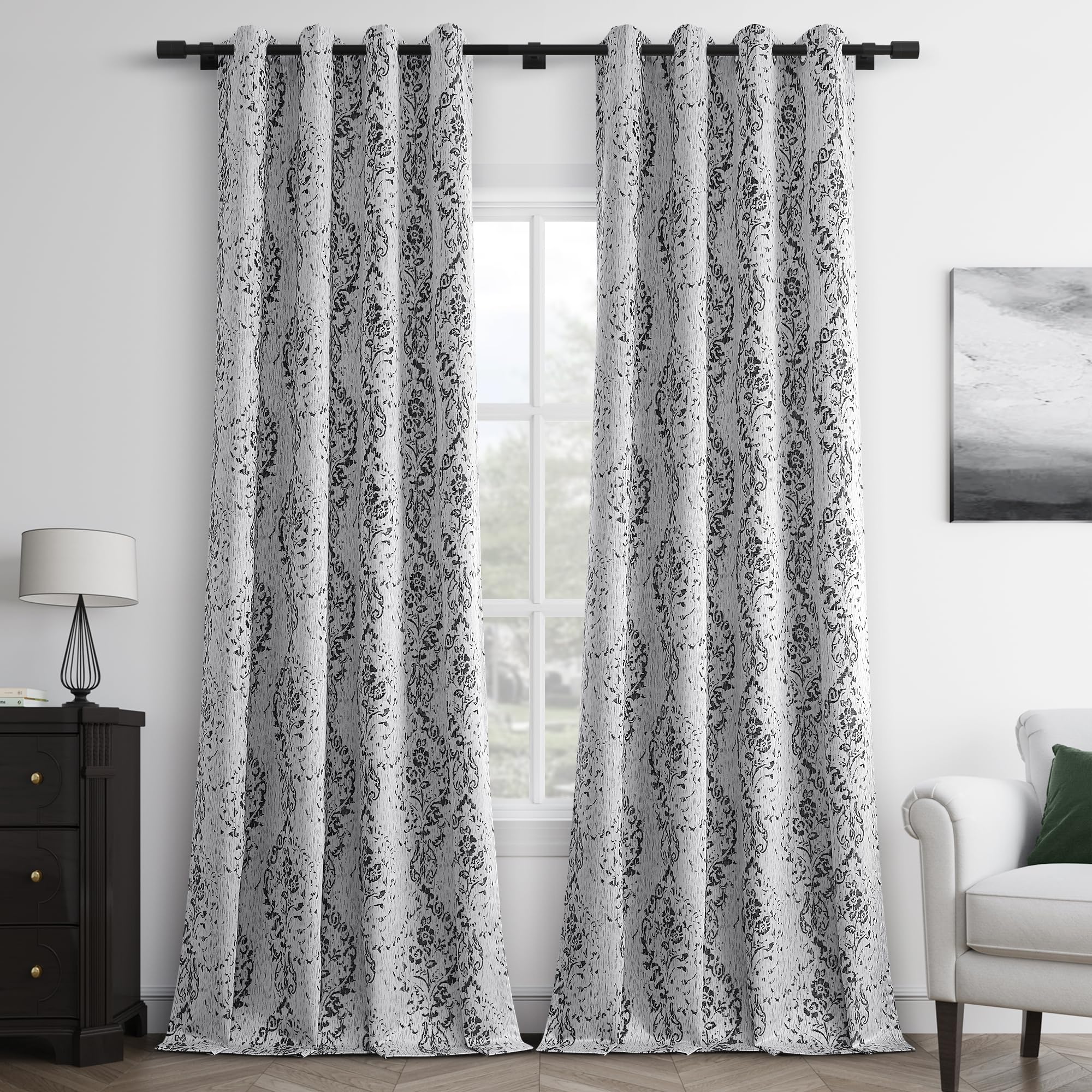 Photo 1 of Guken Damask Patterned Black Curtains 96 Inches Long for Dinning Room Boho Room Darkening Blackout 100% Light Blocking Printed Curtains for Bedroom Sliding Patio Door 52x96 8ft
