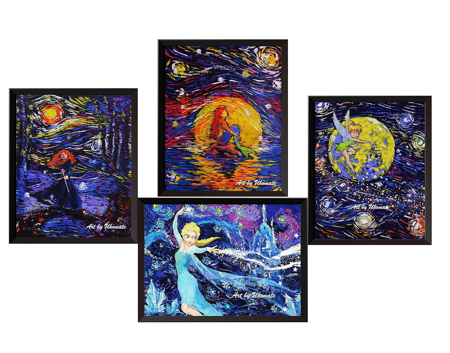 正規品質保証 ベビールームウォールステッカー Inch Uhomate 8x10 4個van Inch Gogh Nightプリンセスセット アリエル メリダ ティンカーベル エルサキャンバス印刷ウォールアート記念ギフトベビーギフト壁装飾リビングルームベッドルームバスルームアートワークm037