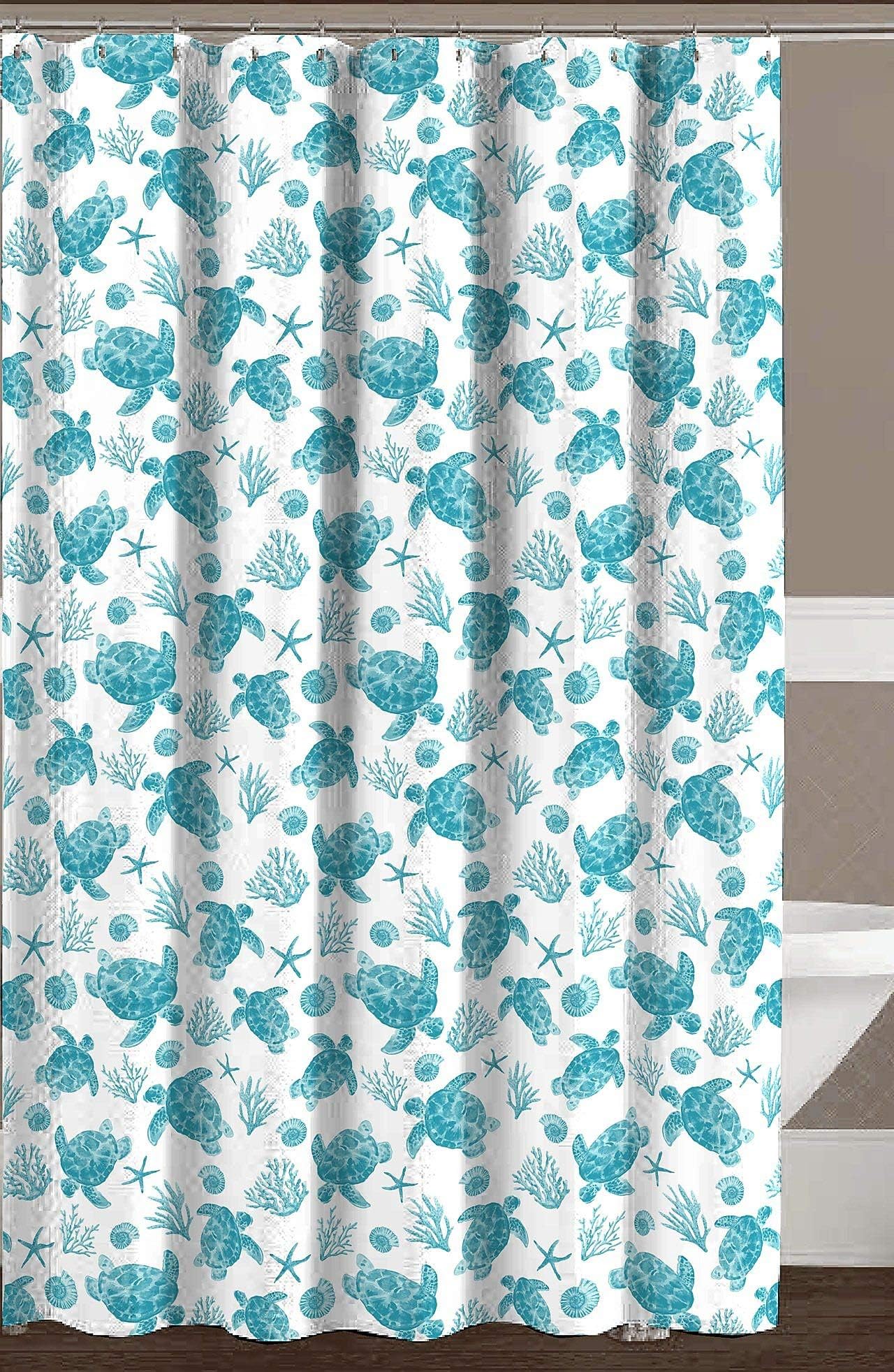Avalon Home Teal White Fabric Shower Curtain: Sea Turtle Ocean Theme Design
