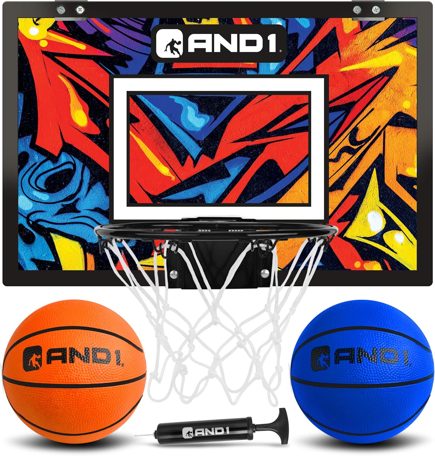 AND1 Mini Basketball Hoop: 18”x12” Pre-Assembled Portable Over The Door with Flex Rim, Includes Two Deflated 5” Mini Basketball with Pump, for Indoor, Orange/Blue : Sports & Outdoors
