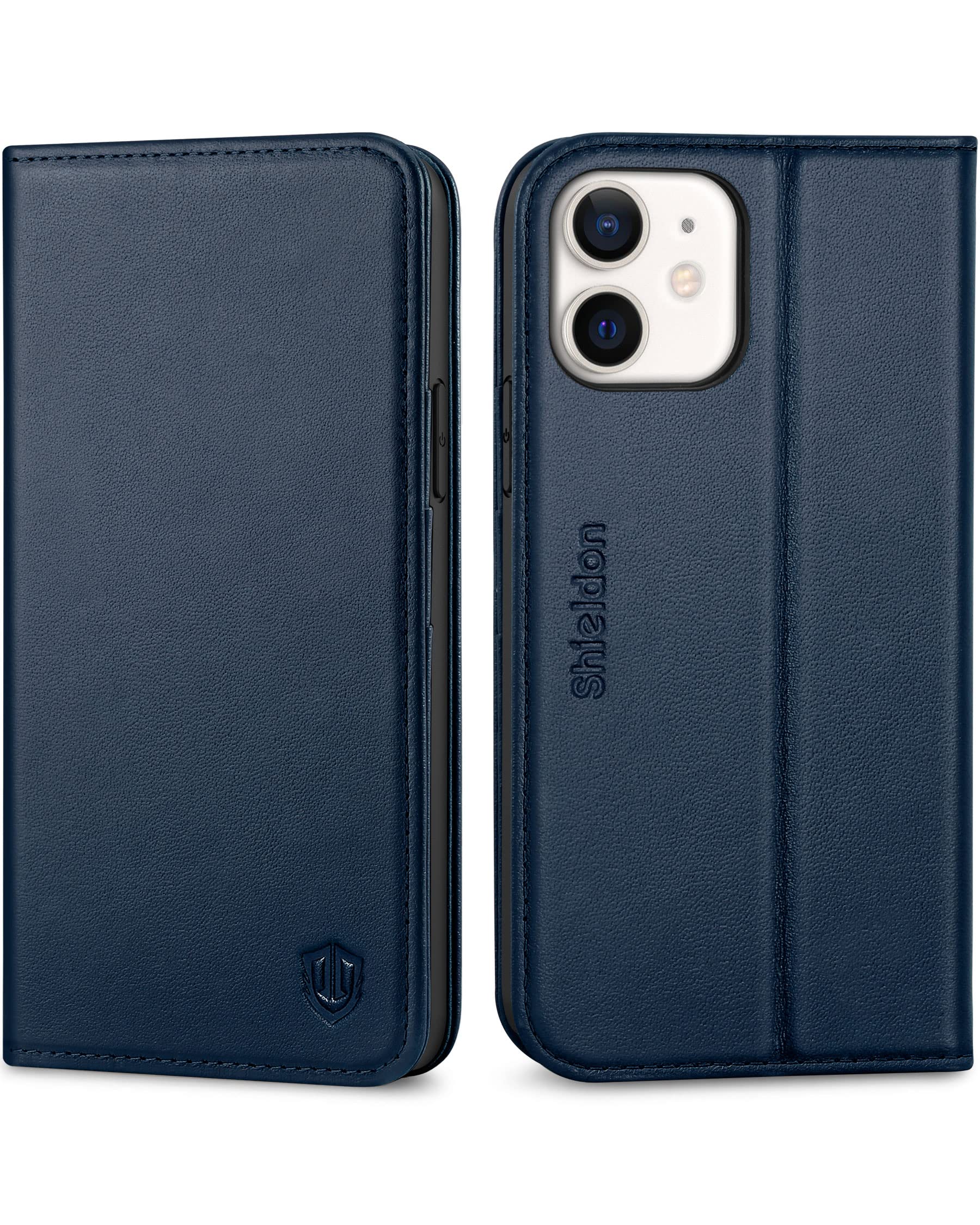 Photo 1 of SHIELDON Case for iPhone 12/12 Pro 5G, Genuine Leather Wallet Case RFID Blocking Credit Card Holder Folio Magnetic Stand Shockproof Cover Compatible with iPhone 12/12 Pro (6.1") - Navy Blue