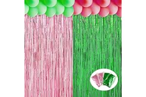 Tingjoo 4 Pack 3.28 x 6.56 ft Streamers Backdrop Party Decoration Witch Party Decor Metal Tinsel Foil Fringe Curtains Backdrop Curtains Streamer for Witch Decor(Pink and Green,Tinsel Curtain)