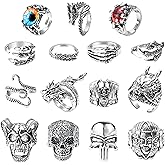 PANTIDE 16Pcs Vintage Silver Punk Rings Set for Men Women, Gothic Alloy Biker Adjustable Rings, Halloween Skeleton Skull Evil Eye Dragon Claw Octopus Dragon Knuckle Stacking Circlet Jewelry