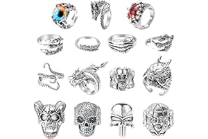 PANTIDE 16Pcs Vintage Silver Punk Rings Set for Men Women, Gothic Alloy Biker Adjustable Rings, Halloween Skeleton Skull Evil Eye Dragon Claw Octopus Dragon Knuckle Stacking Rings Jewelry